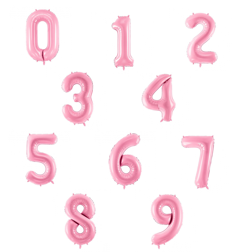 Balões rosa em forma dos números de 0 a 9