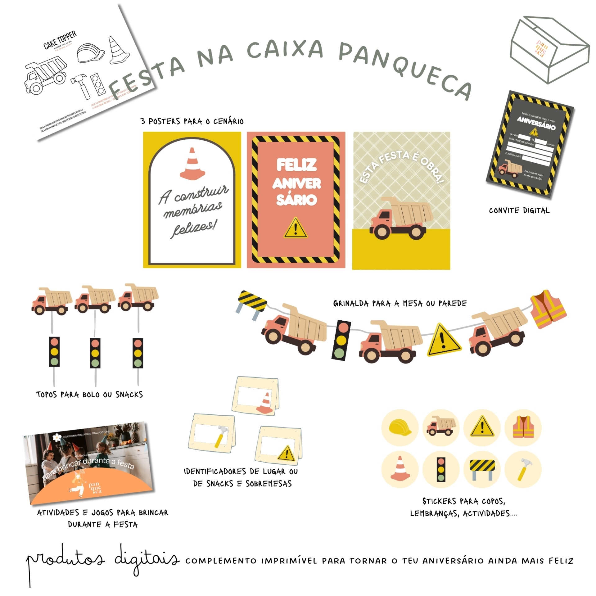 Conjunto de decoração de festa de aniversário com tema de construção, incluindo posters, topo para bolo, convite digital, grinalda e stickers digitais.