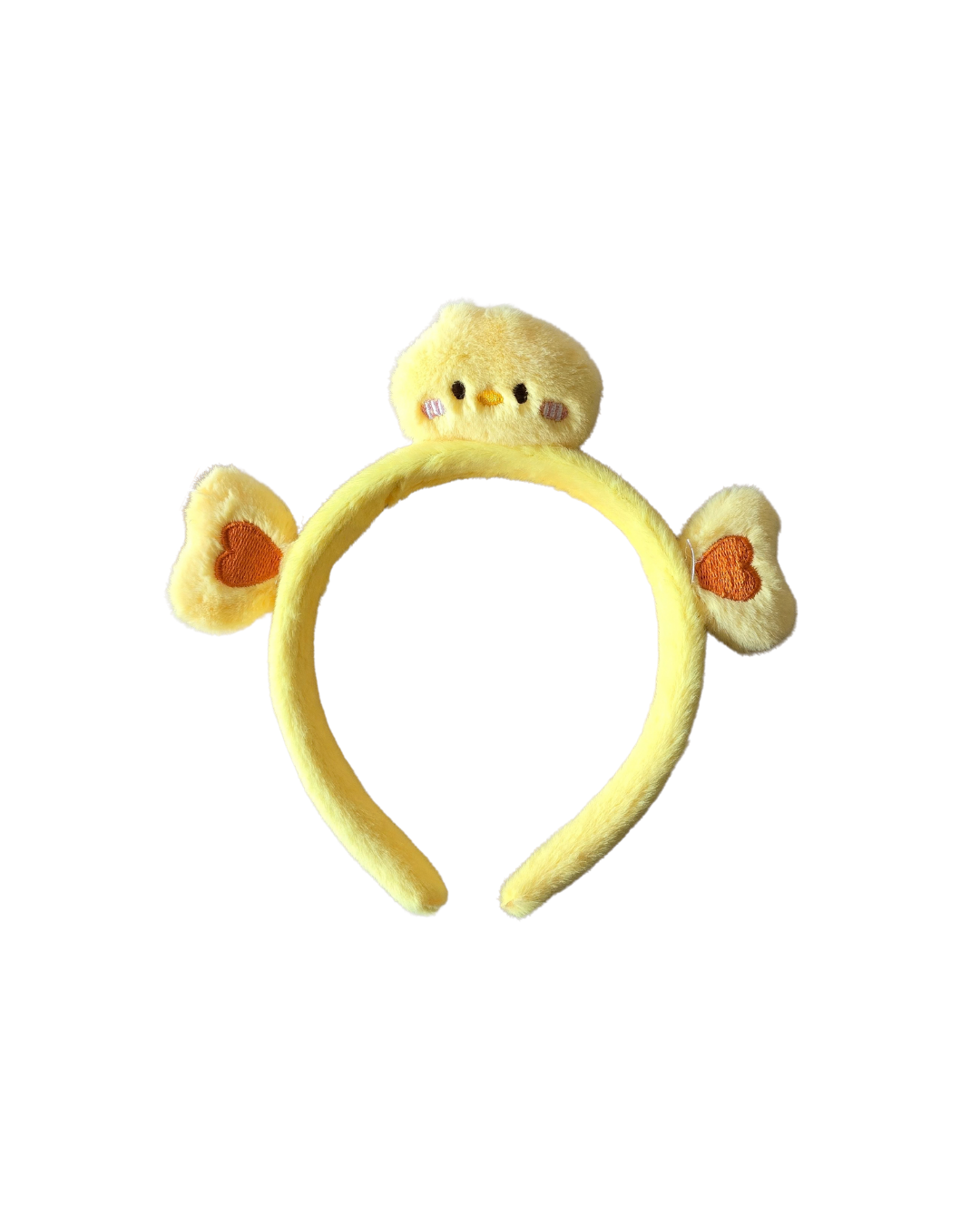 Arco de cabelo de pelúcia amarelo com pintainho e corações laranja