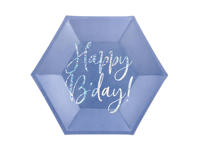 Prato hexagonal azul claro com texto 'Happy Bday!' prateado