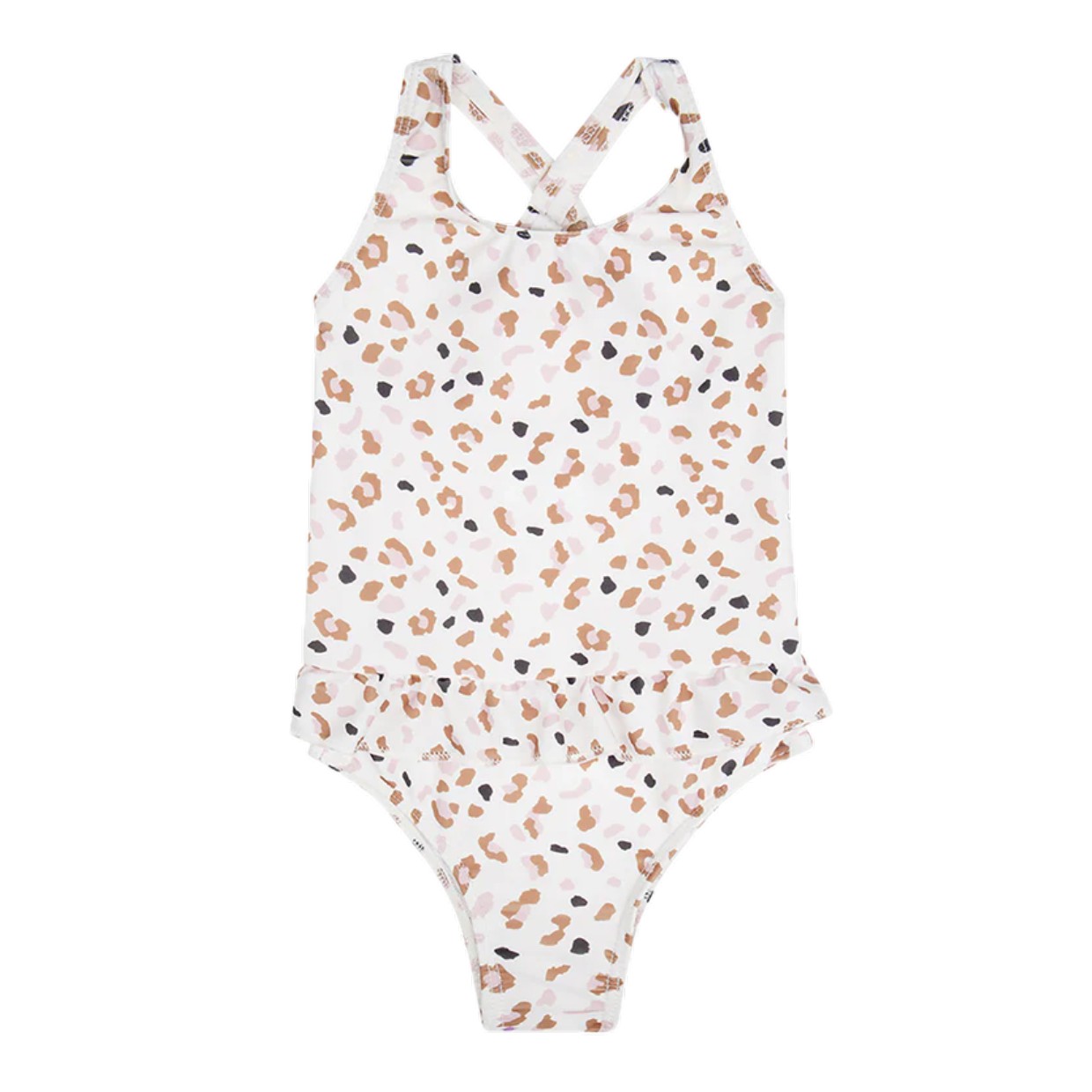 Maiô infantil branco com manchas castanhas e pretas e alças cruzadas