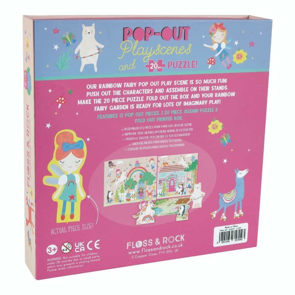 Embalaem de puzzle pop-out Play Scenes da Floss & Rock com imagens de personagens infantis e texto instrutivo