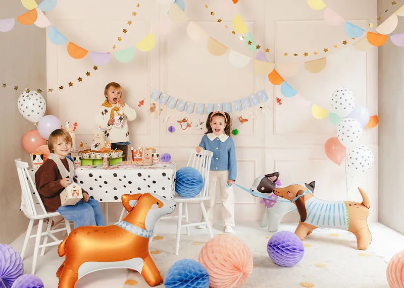 Festa infantil com balões, cães insufláveis e decoração colorida
