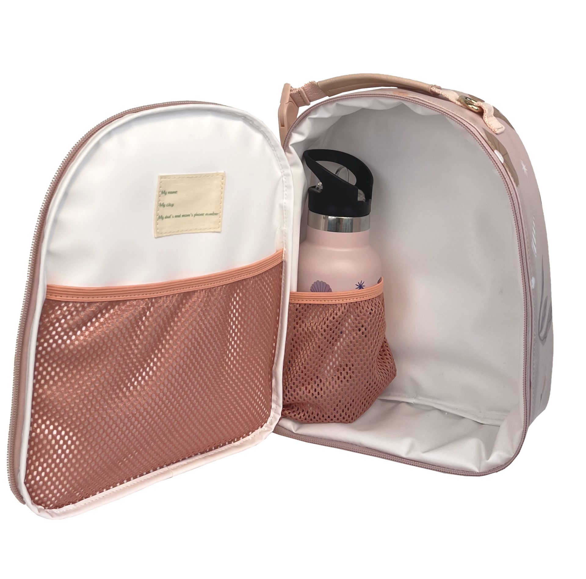 Mochila pequena rosa claro com interior branco e garrafa térmica rosa