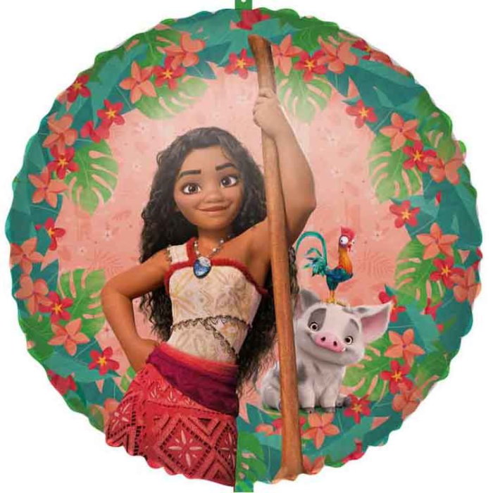 Balão redondo com imagem da personagem Moana e animais, flores e folhas verdes ao redor.