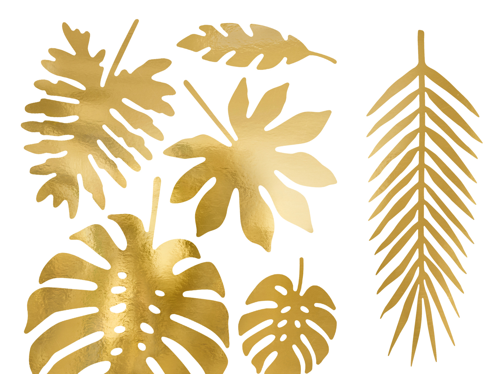 Folhas decorativas douradas em metal com várias formas e texturas