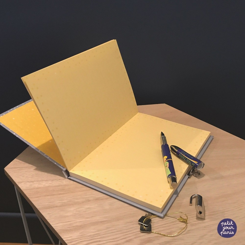 Caderno amarelo aberto com caneta tinteiro azul e clipe sobre mesa de madeira clara