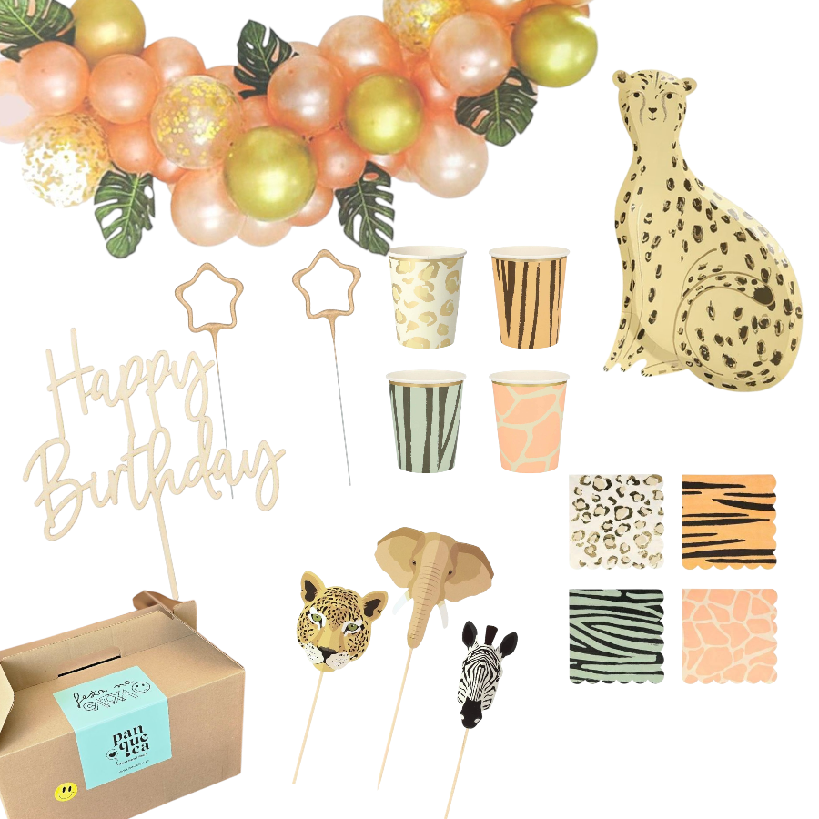 Conjunto decorativo para festa com balões, copos, guardanapos e toppers de animais e placa 'Happy Birthday'