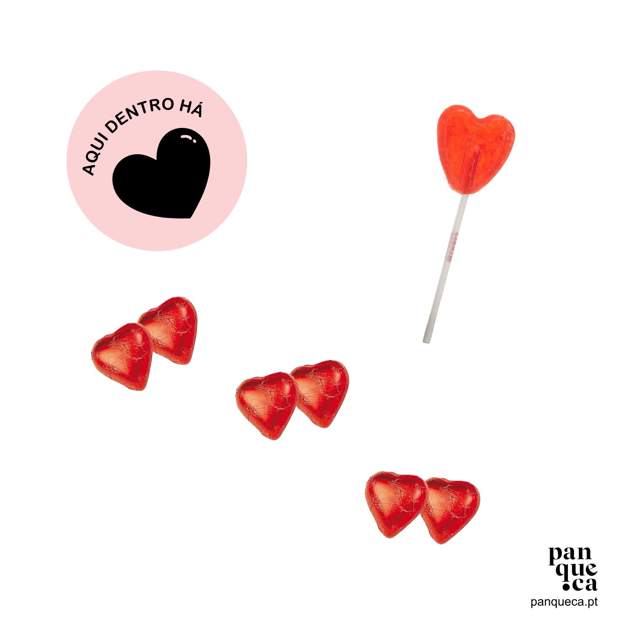 Rebuçados vermelhos em forma de coração com palito e texto promocional