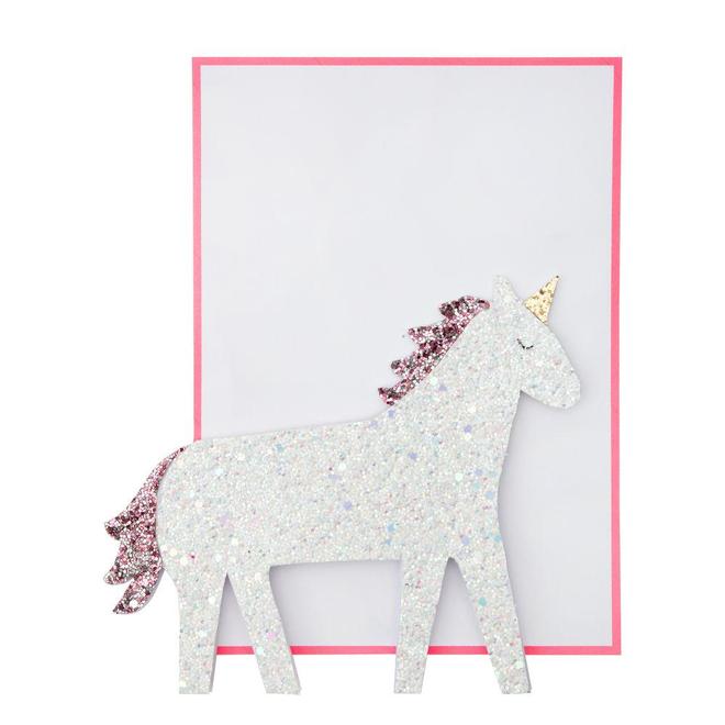 Cartaz decorativo com forma de unicórnio glitterizado branco e rosa