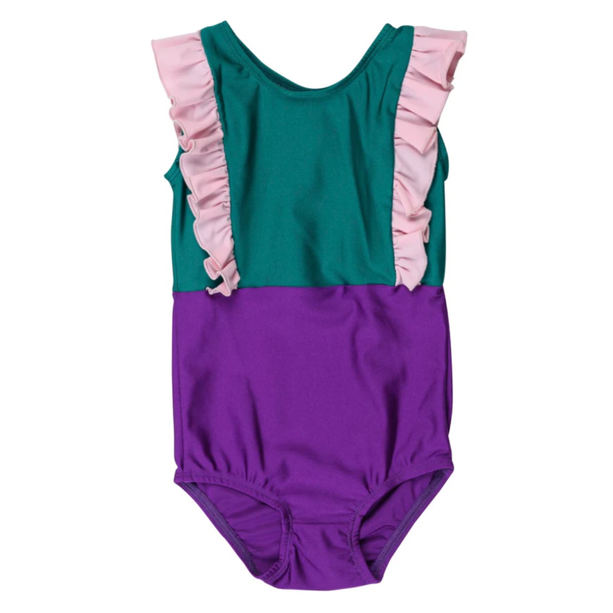 Fato de banho infantil verde, rosa e roxo com folhos nas alças