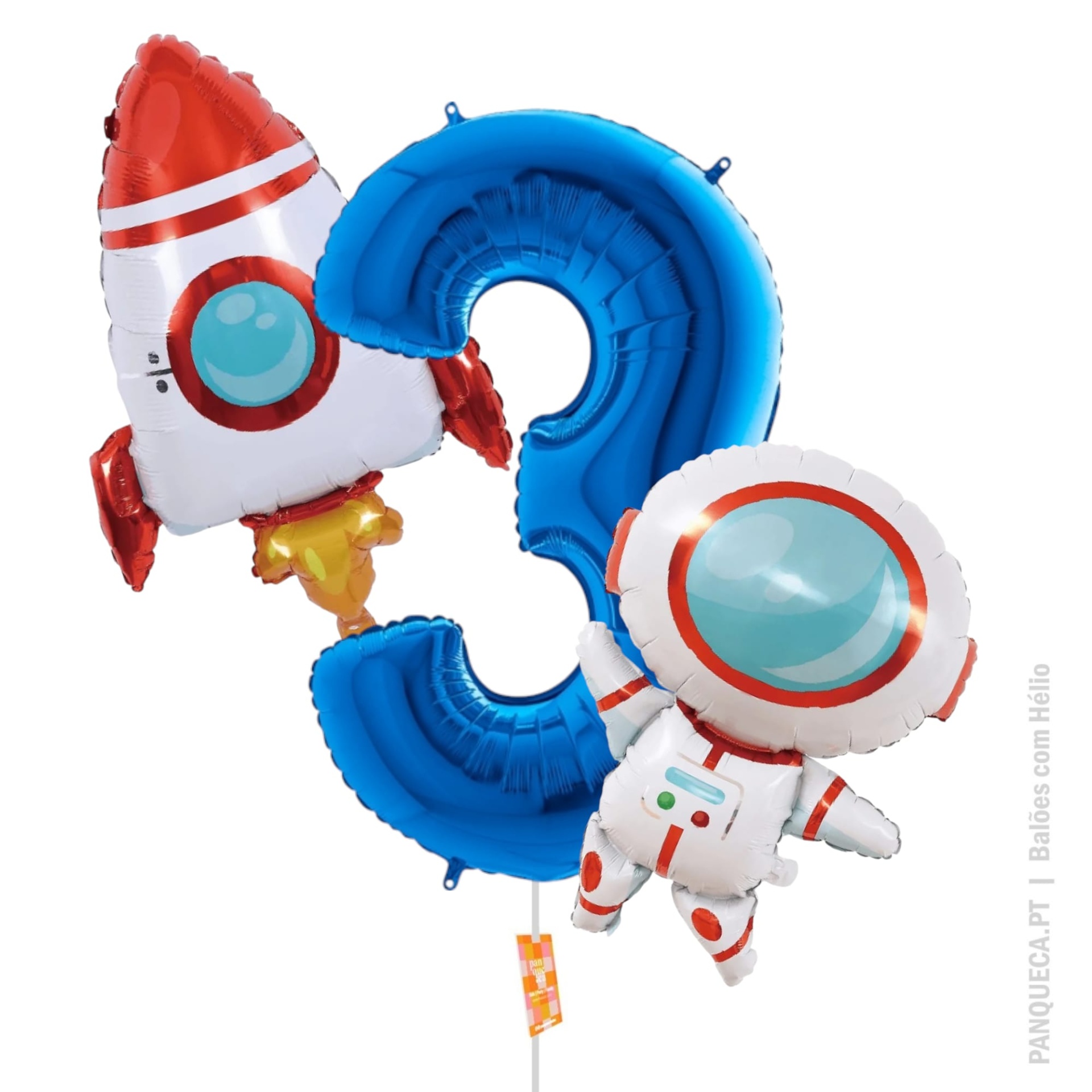 Balões número 3 azul, foguetão vermelho e branco, astronauta branco colorido