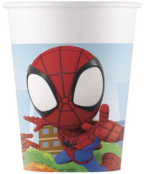 Copo de papel com desenho de Spider-Man em fundo urbano