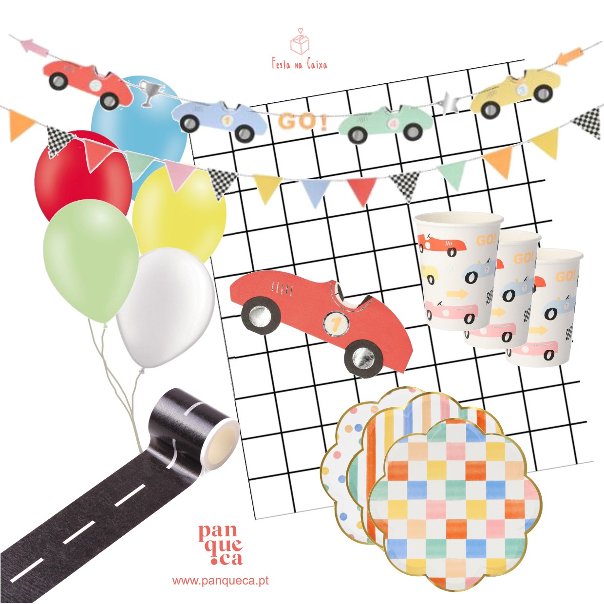 Conjunto festivo infantil com balões, copos decorados, bandeirolas, fita adesiva de estrada e pratos quadriculados.