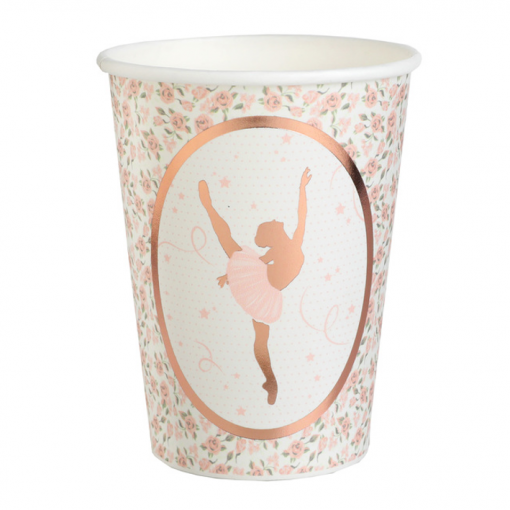 Copo de papel com padrão floral e imagem de bailarina cor de rosa