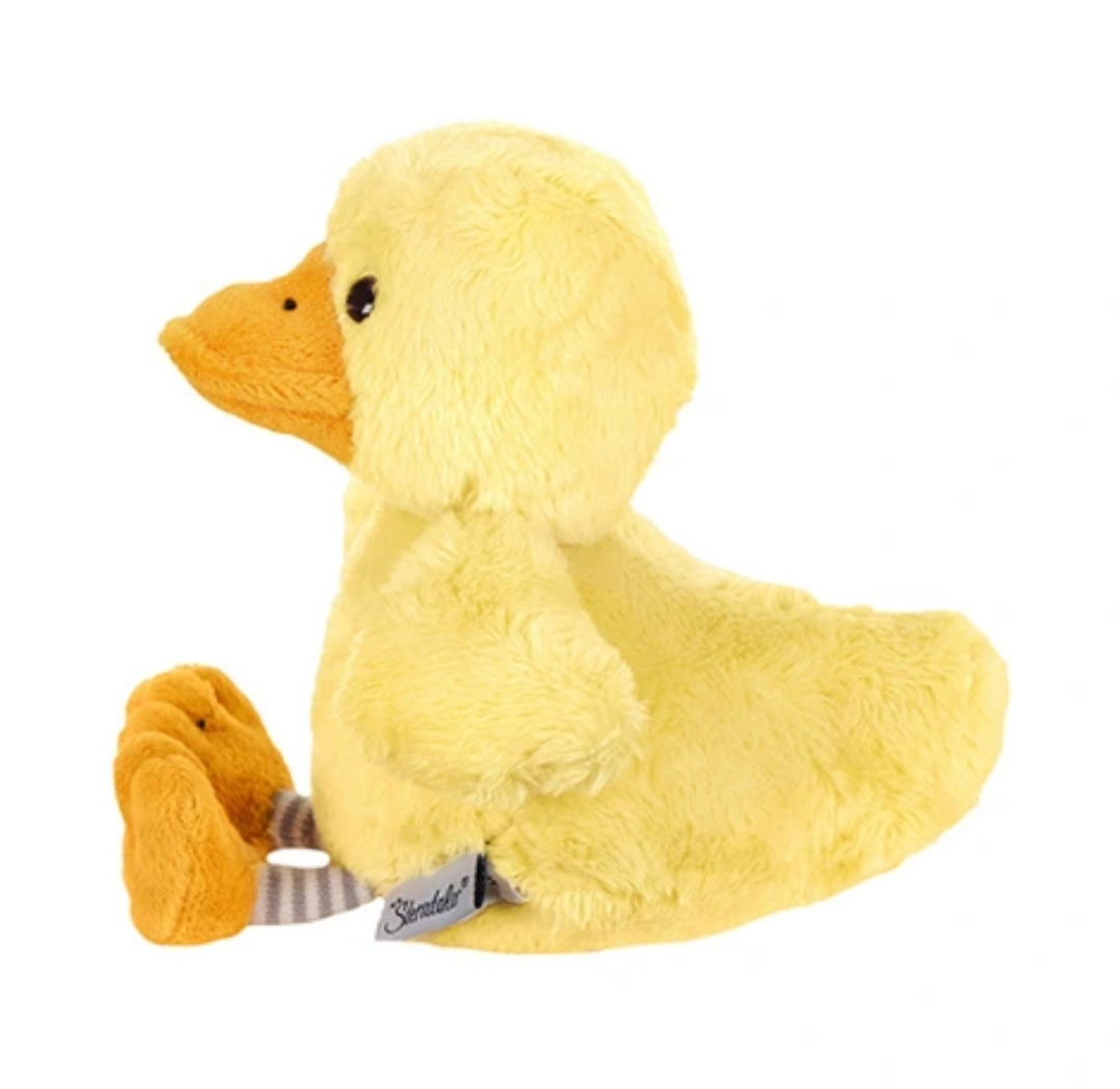 Pelúcia de pato amarelo com bico e pés castanhos