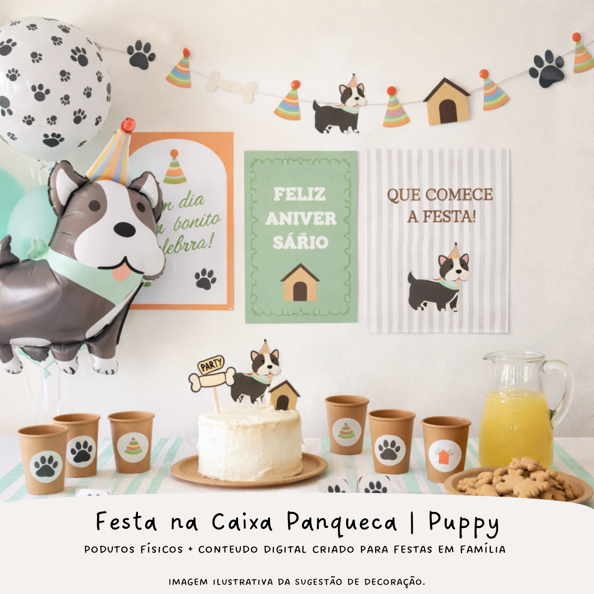 Decoração de festa com tema de cachorros, balões, cartazes, bolo, copos de papel, jarra de sumo e bolachas.