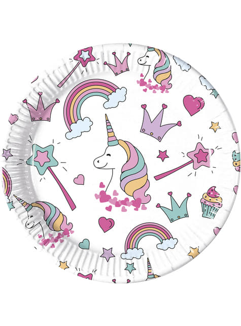 Prato de papel com estampa de unicórnio, coroas e arco-íris