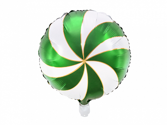 Balão redondo metálico com padrão espiral verde, branco e dourado