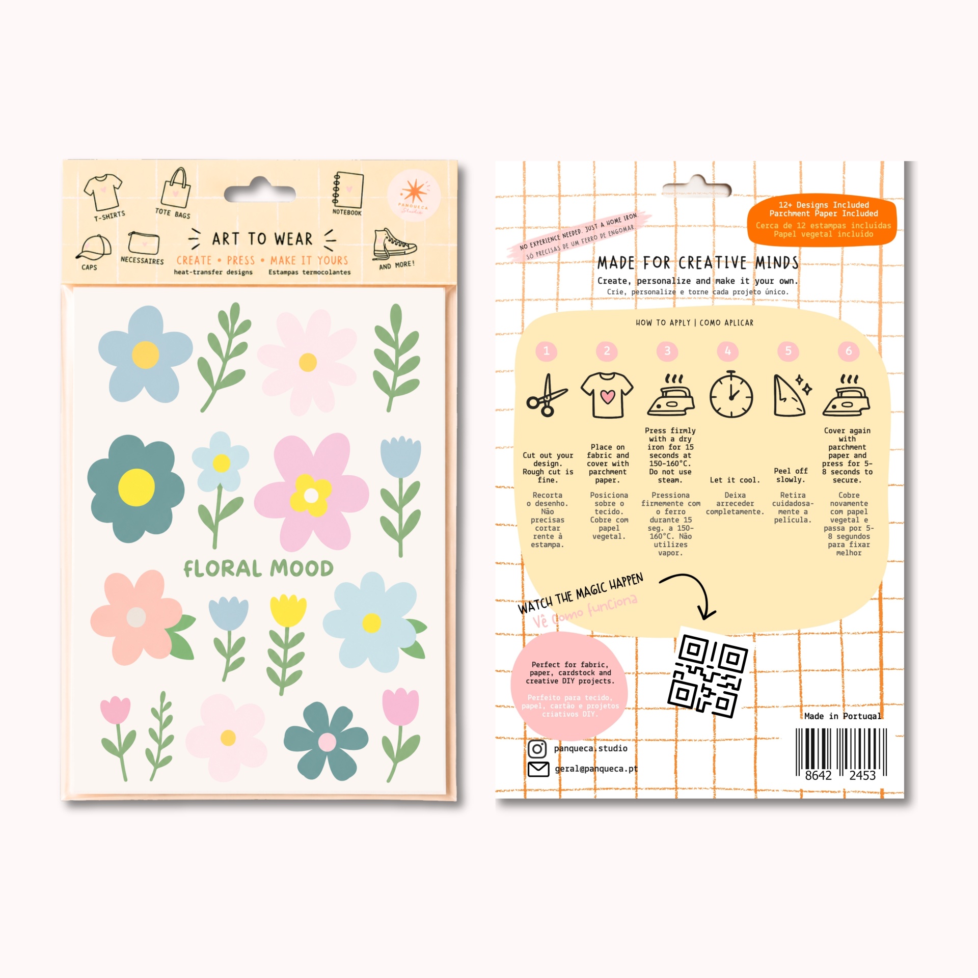 Pacote de estampas termocolantes com flores coloridas e instruções de uso