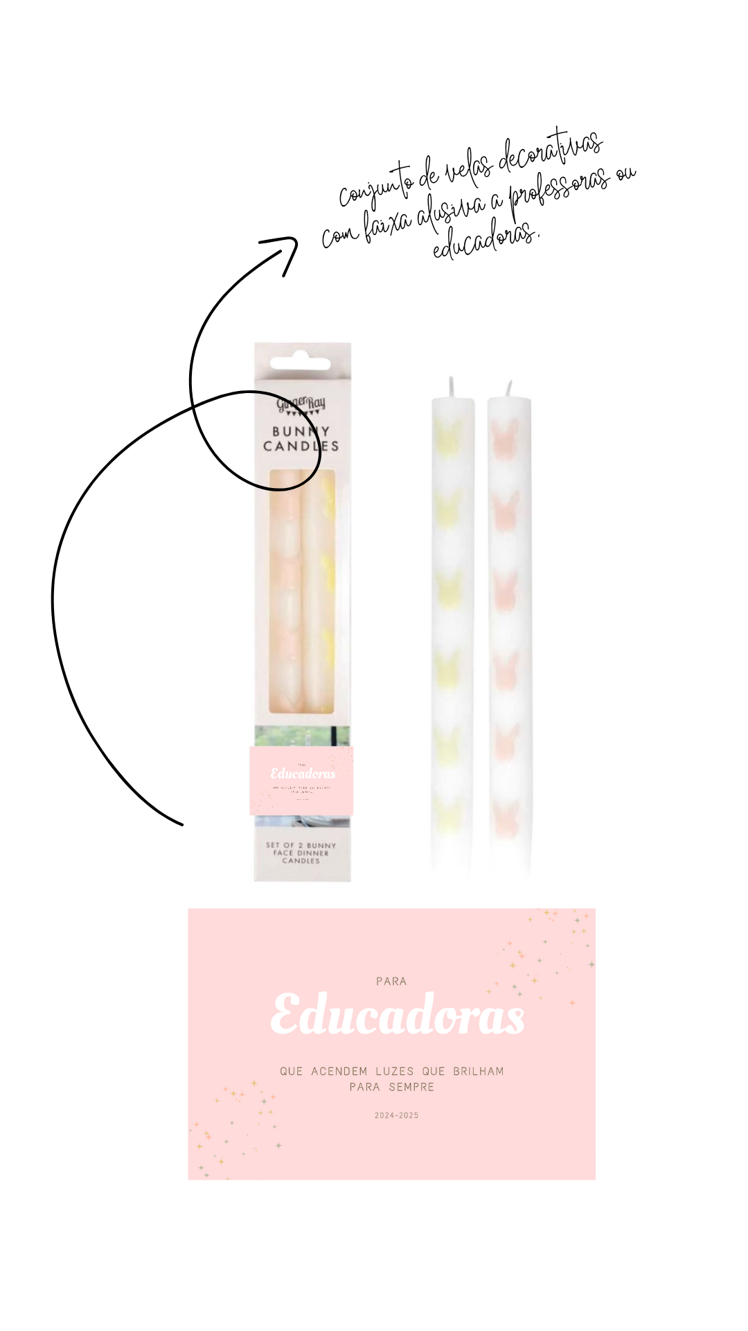 Conjunto de velas decorativas para educadoras com coelhinhos coloridos