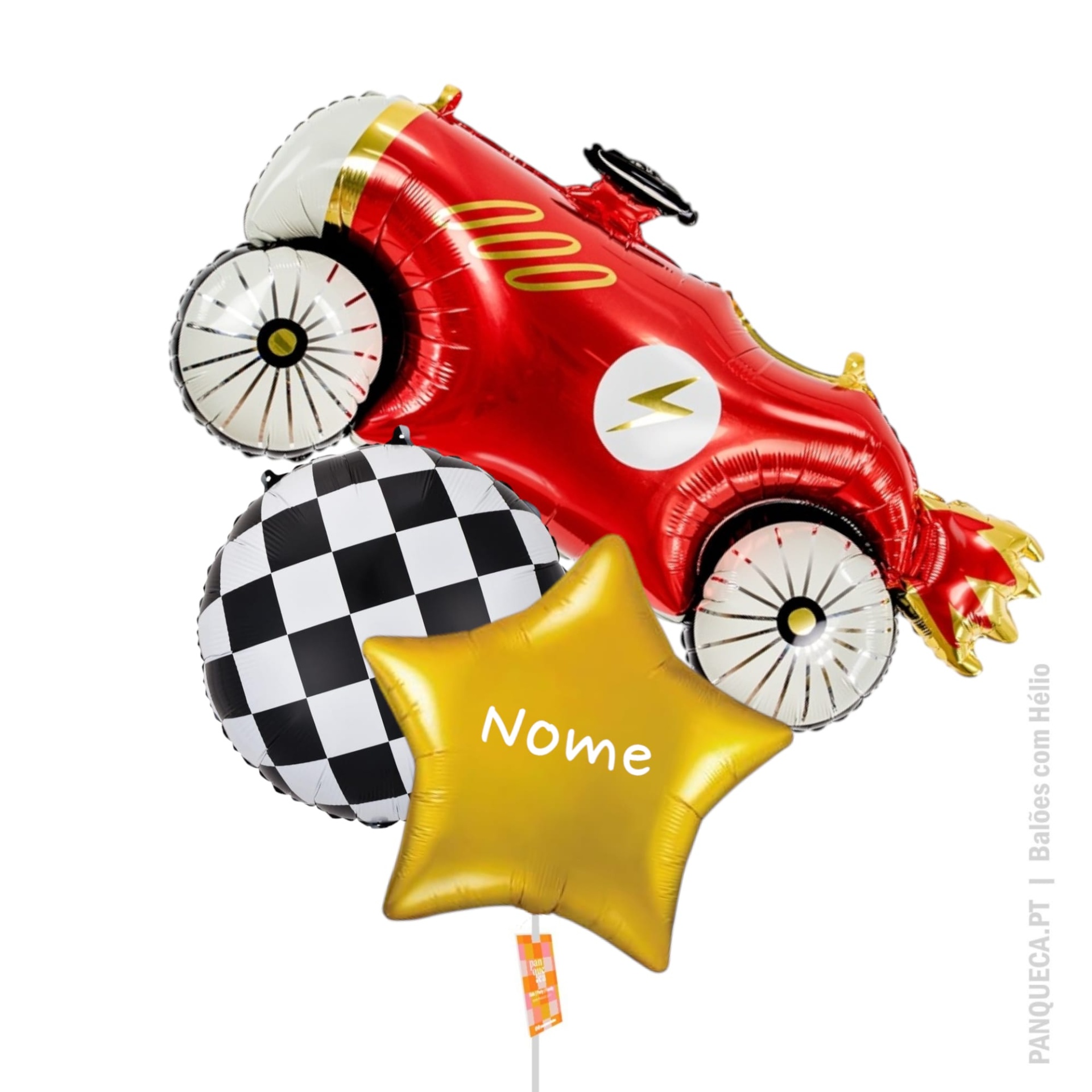 Conjunto de balões coloridos com carro de corrida, padrão xadrez e estrela dourada