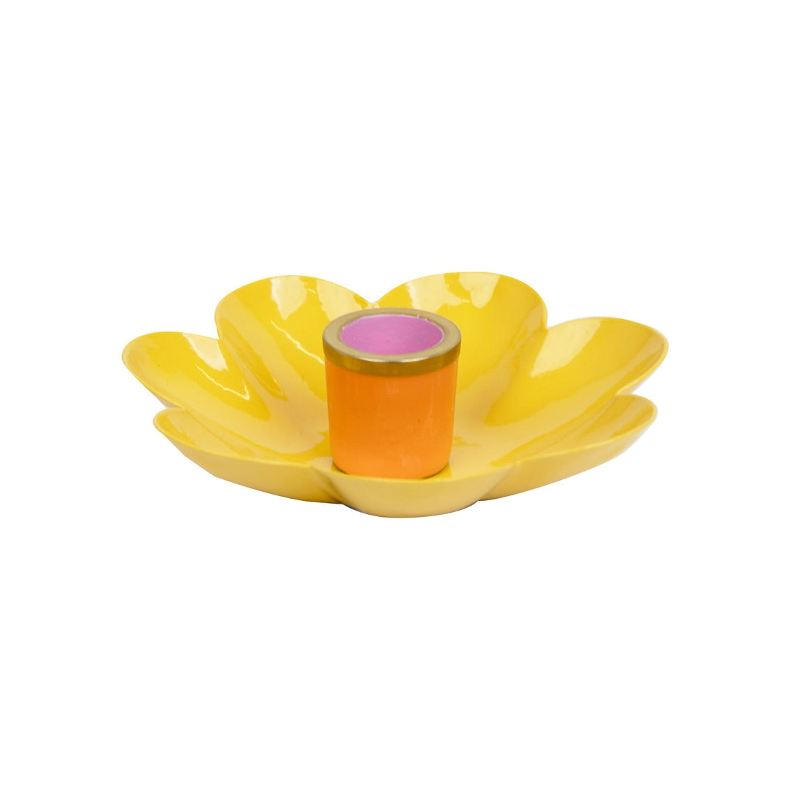 Vaso decorativo amarelo em forma de flor com copo laranja no centro