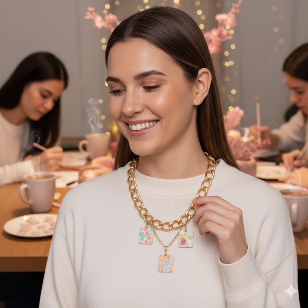 Colar dourado com pendentes florais em mulher com camisola branca