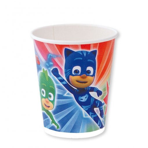Copo de papel colorido com personagens da série PJ Masks