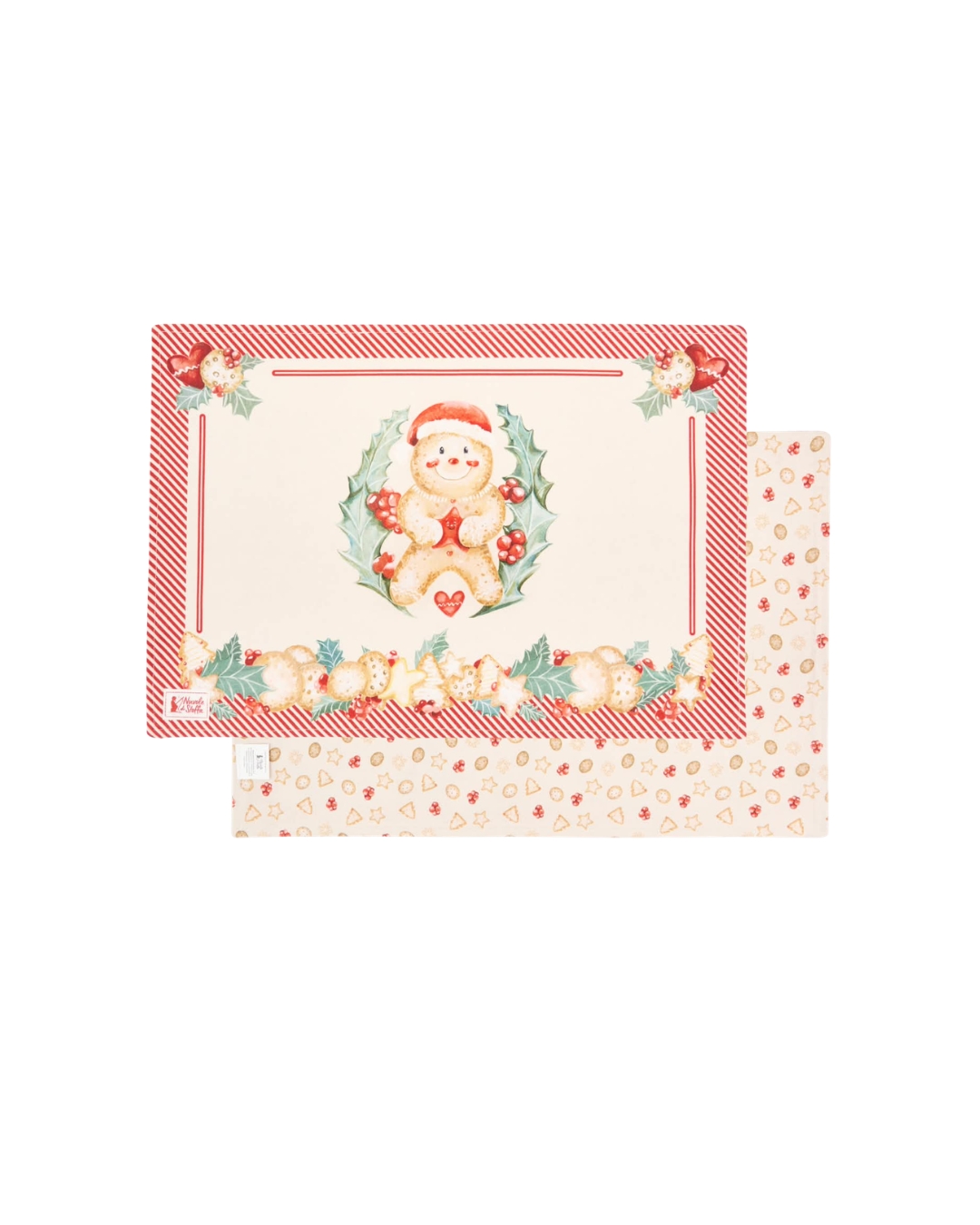 Dois placemats de tecido com padrão natalício de bolachas de gengibre e azevinho