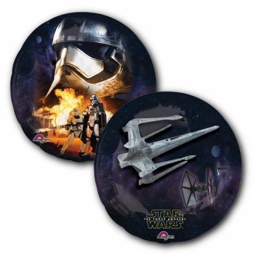 Placas redondas com imagens e logótipo Star Wars sobre fundo escuro com temática espacial.