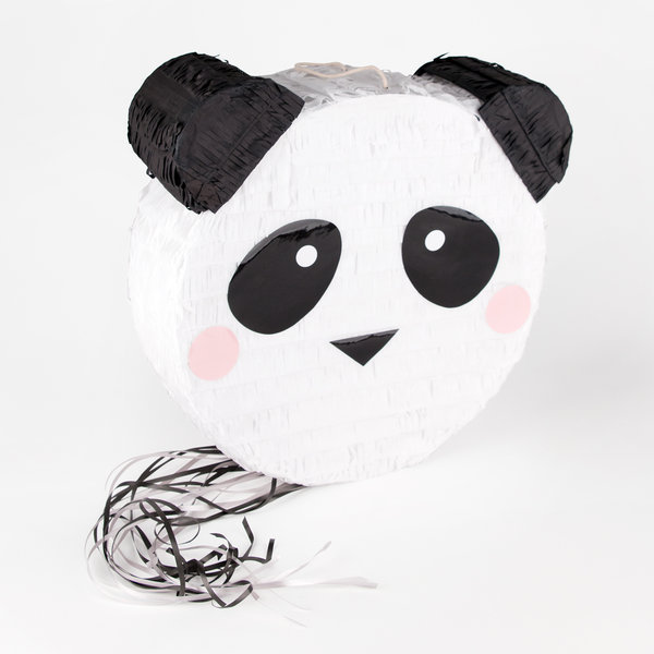 Piñata cabeça de panda com orelhas pretas e bochechas cor-de-rosa