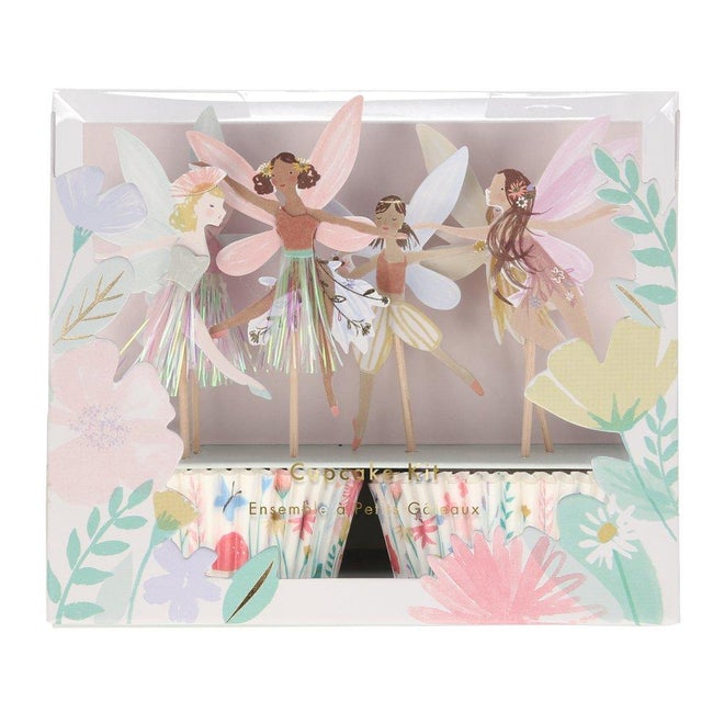 Conjunto de quatro palitos decorativos com fadas em caixa transparente decorada com flores