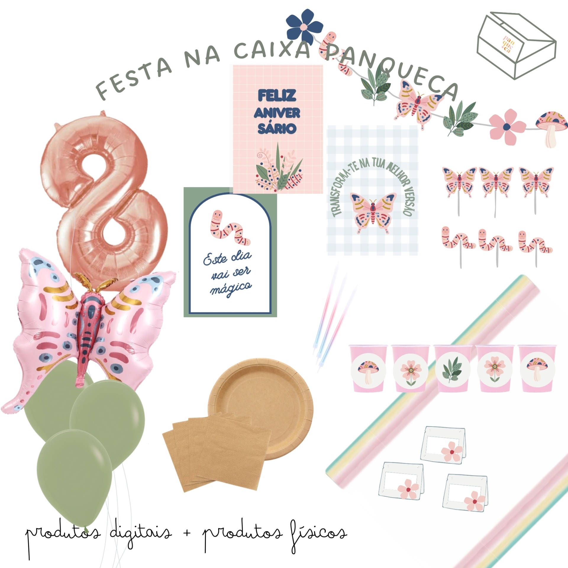 Conjunto festa aniversário com balões, decoração borboletas, prato e copos de papel.