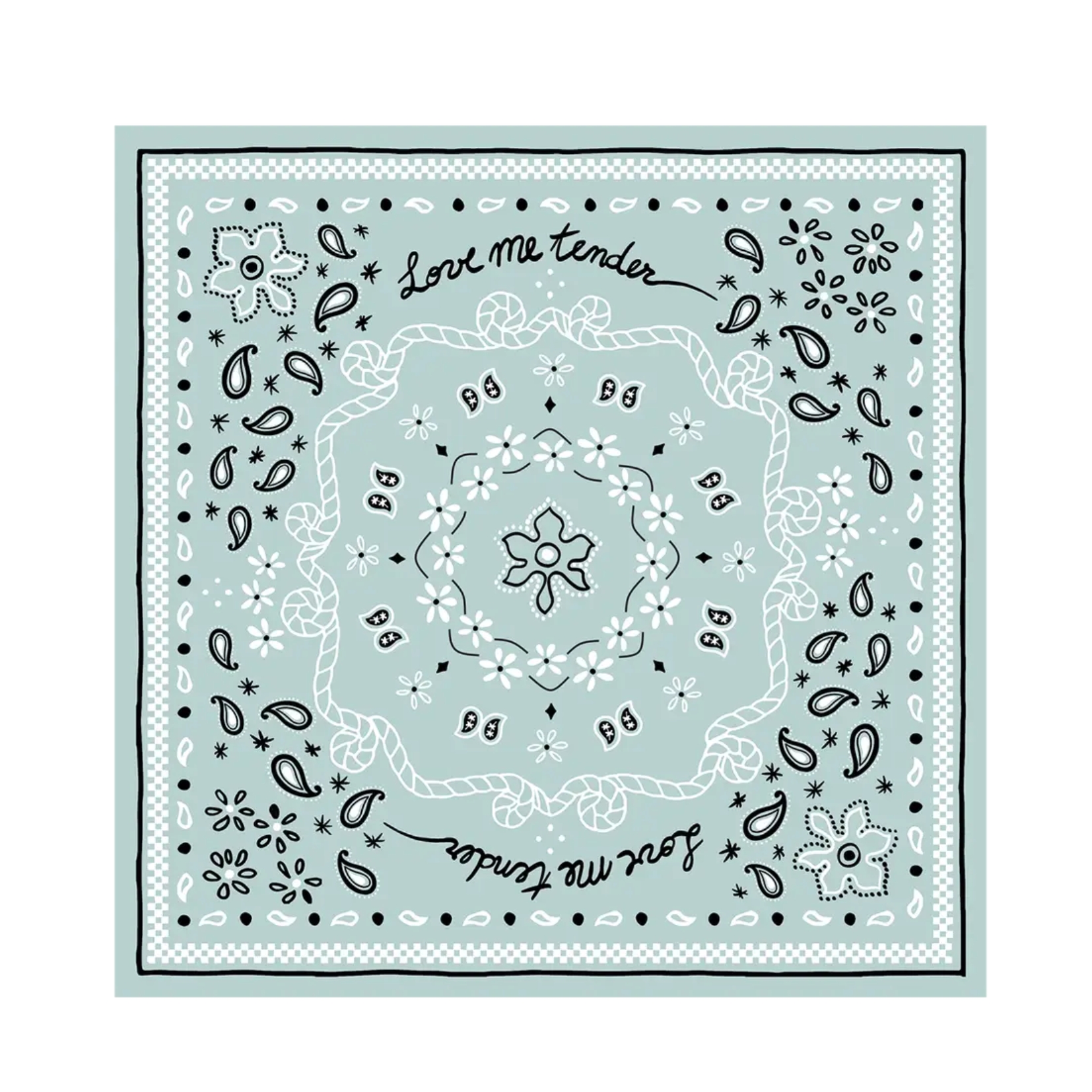 Lenço quadrado verde-água com padrão floral e texto Love me tender