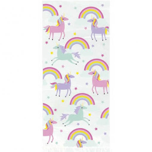 Toalha branca com unicórnios coloridos, arcos-íris e estrelas, com franjas.