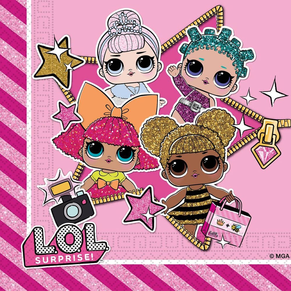 Ilustração de quatro bonecas L.O.L. Surprise! coloridas com fundo rosa e glitter