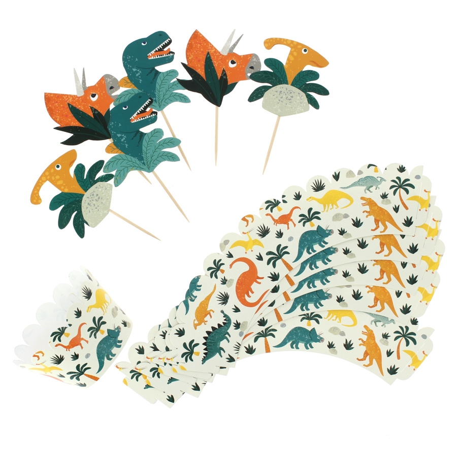 Acessórios festa dinossauros com toppers e guardanapos coloridos