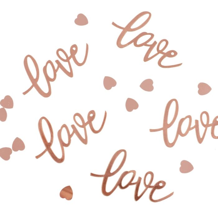 Confetes metálicos cobre com a palavra love e corações