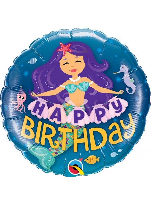Balão azul redondo com sereia e texto HAPPY BIRTHDAY