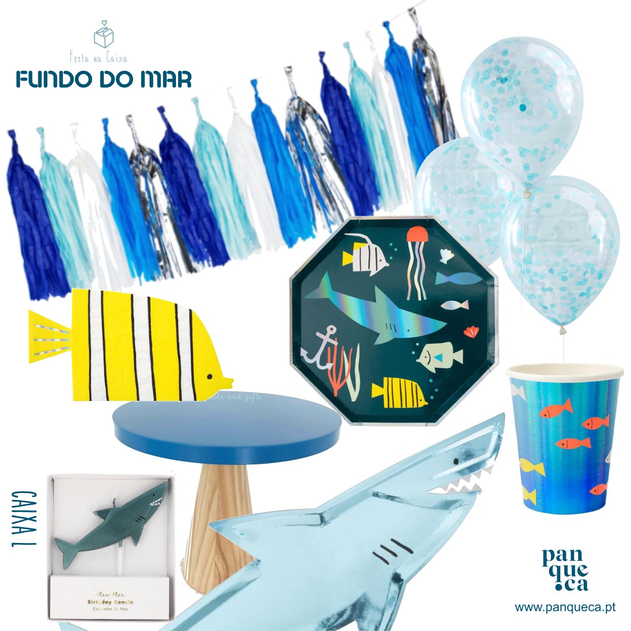 Decoração Fundo do Mar com balões, pratos, copos, franja e tubarão inflável
