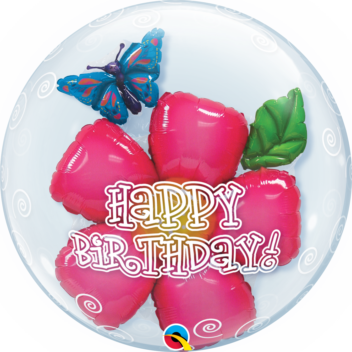 Balão transparente com flor rosa, borboleta azul e texto HAPPY BIRTHDAY