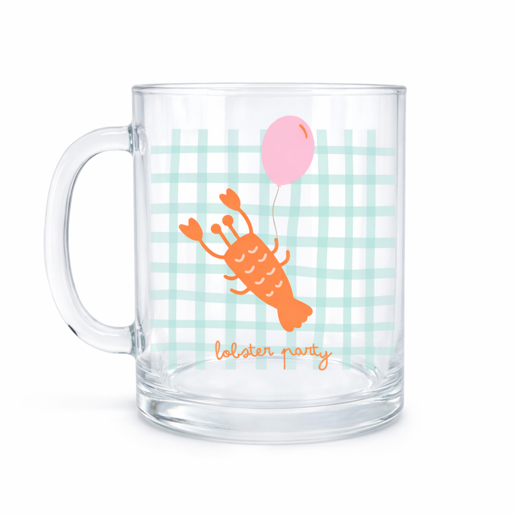 Caneca de vidro transparente com desenho de lagosta e balão