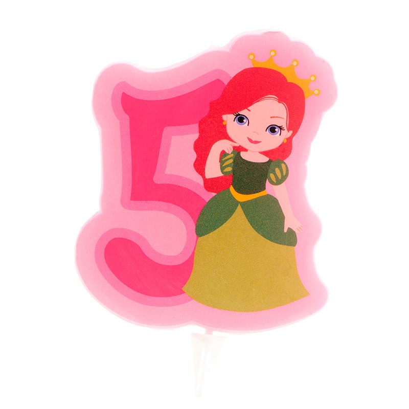 Vela de aniversário número 5 decorada com princesa em vestido verde e amarelo