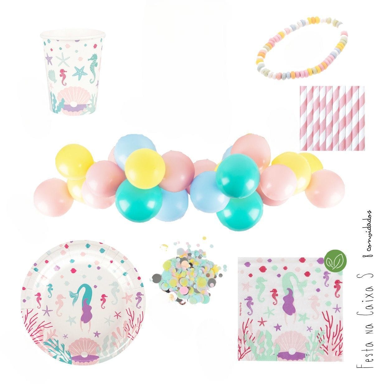 Conjunto de festa com tema de sereia incluindo balões, copos, pratos, guardanapos, confetis, pulseira e canudos.