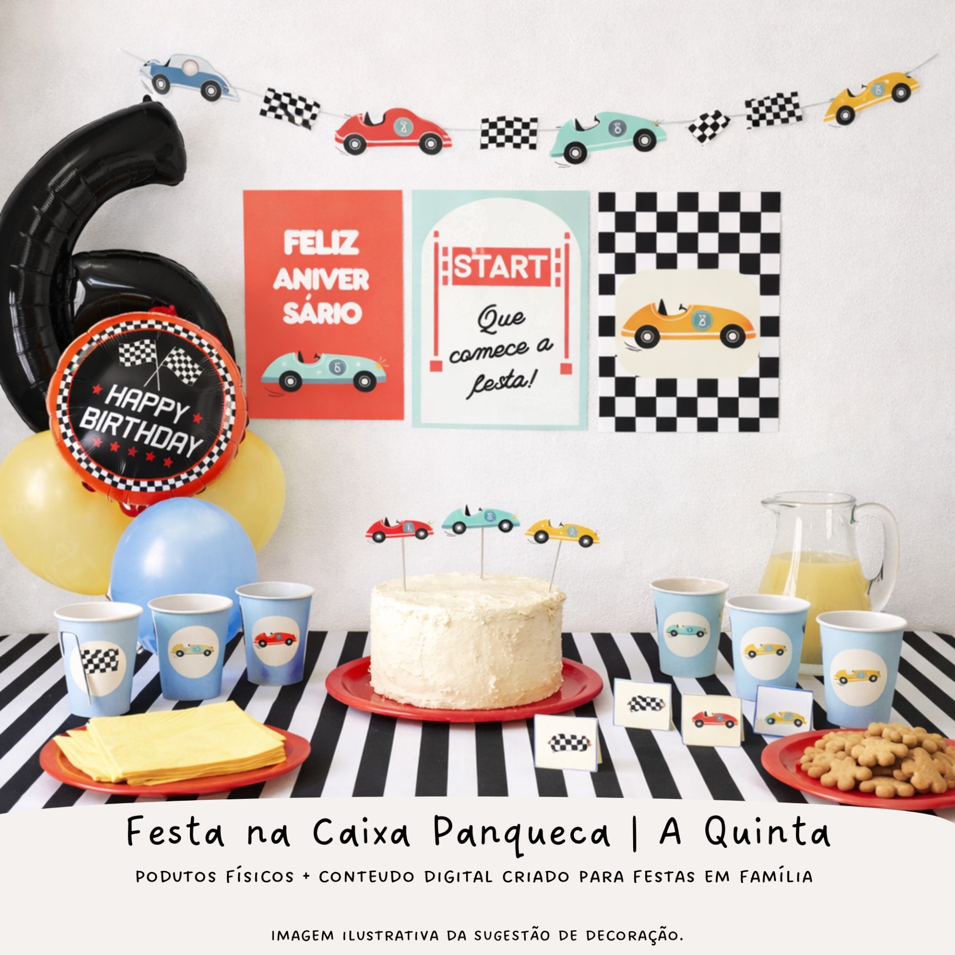 Kit festa corrida com bolo, balões, copos, cartazes e decoração temática de carros e bandeiras xadrez