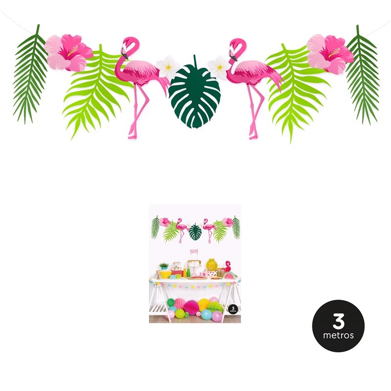 Guirlanda decorativa tropical com flamingos rosa e folhas verdes