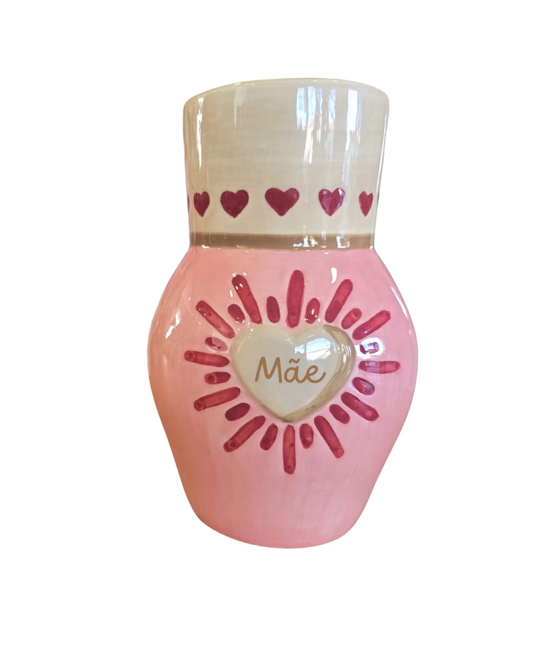 Jarro rosa e bege com corações e a palavra Mãe