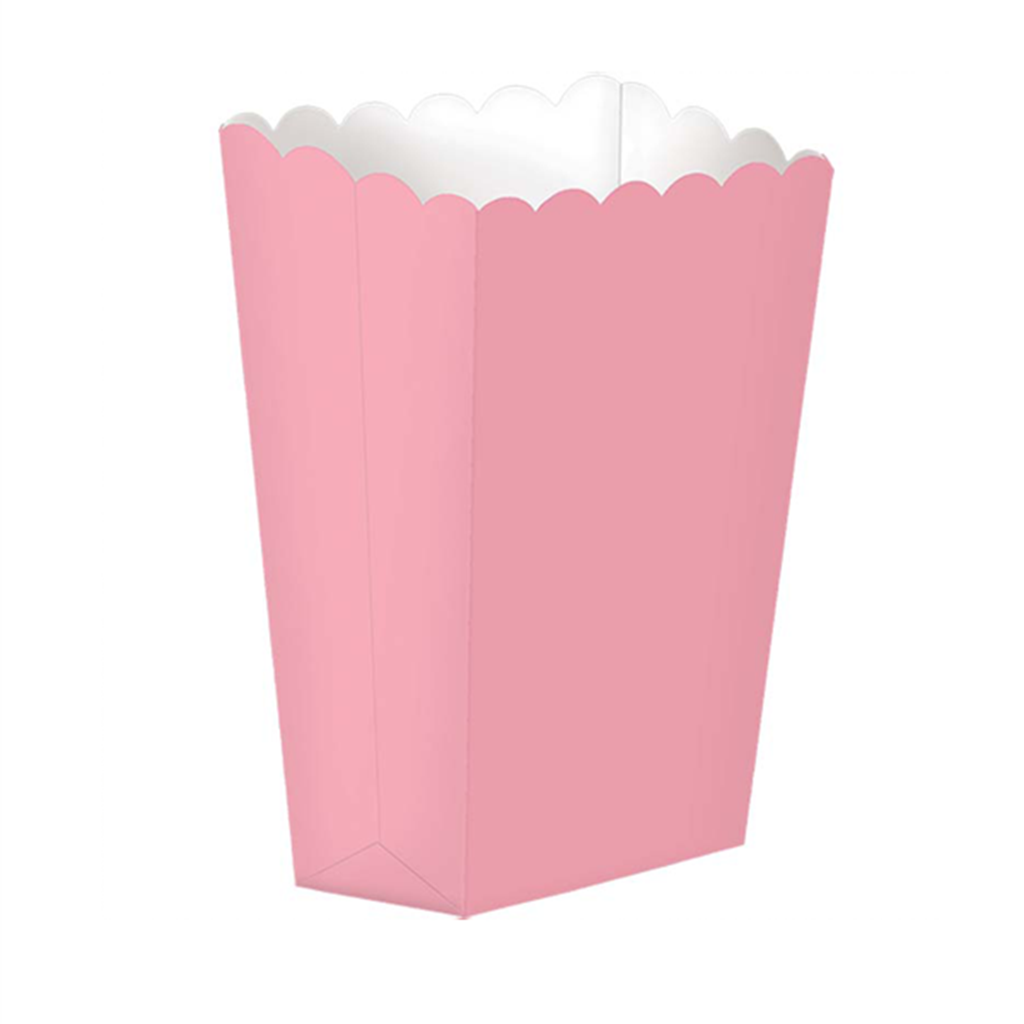 Recipiente em papel rosa para pipocas com interior branco e bordas onduladas