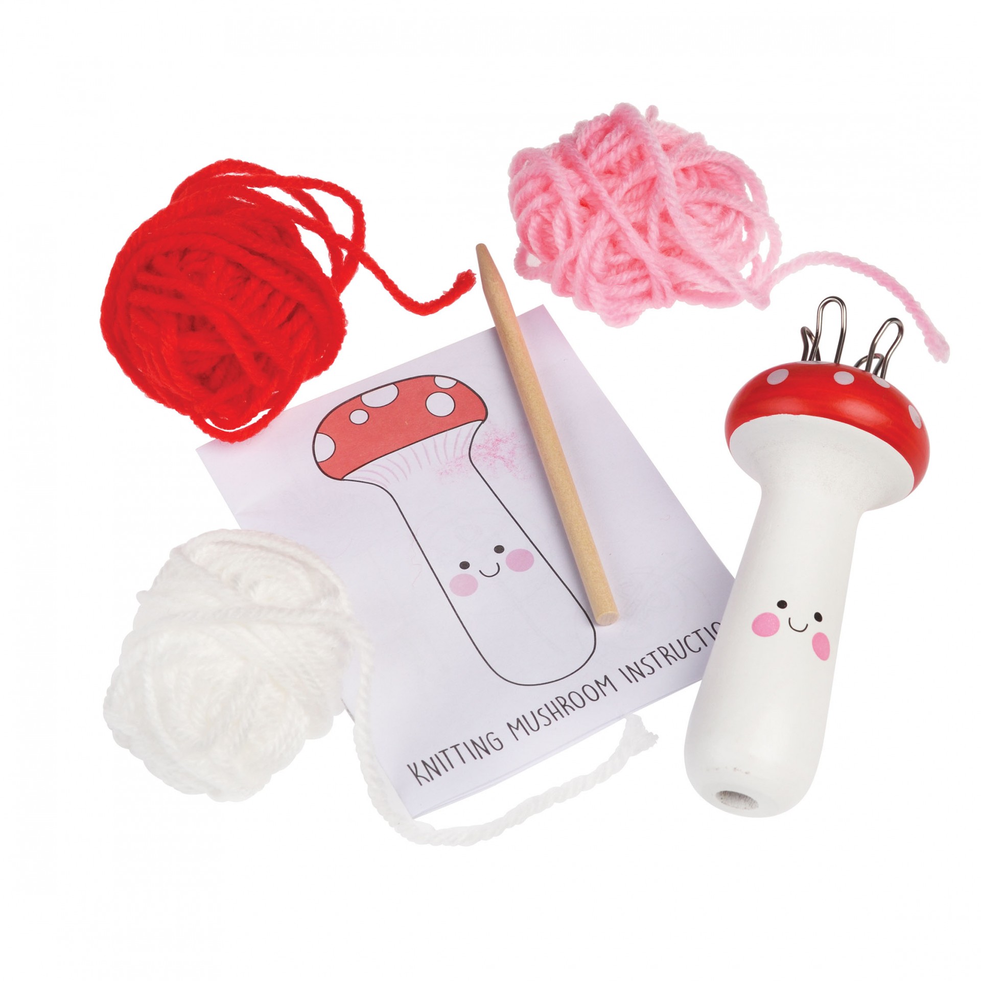 Kit de tricô com lã colorida, agulha, instruções e dispositivo de tricô em forma de cogumelo